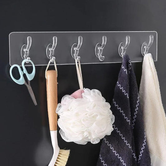 6-Hook Transparent Self-Sticking Wall Hooks